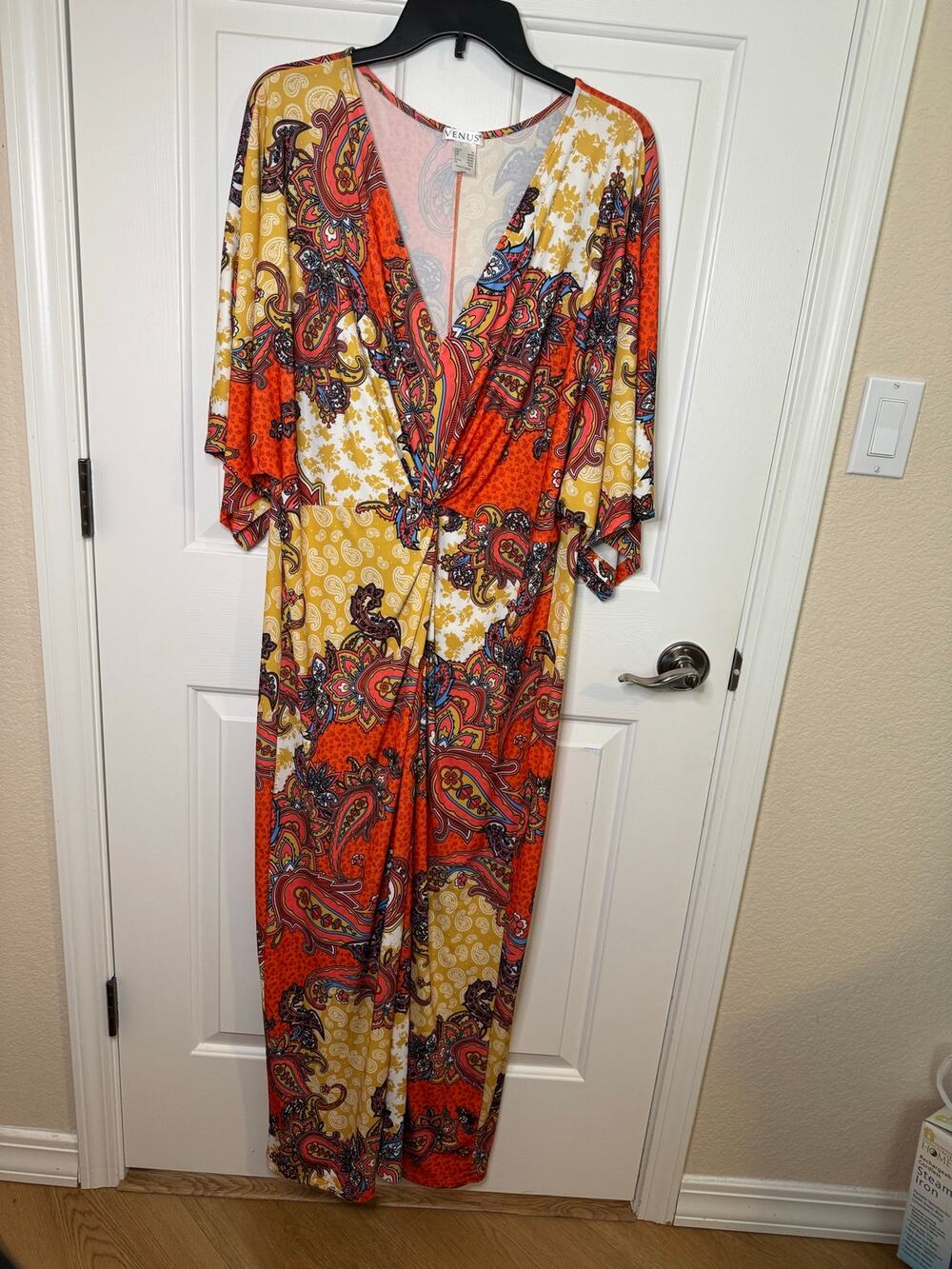 Venus Twist Front Maxi Dress Orange Yellow Multi Paisley Boho Plus 1X